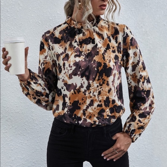 Tops - Multicolor ruffle neck Print long sleeve Blouse